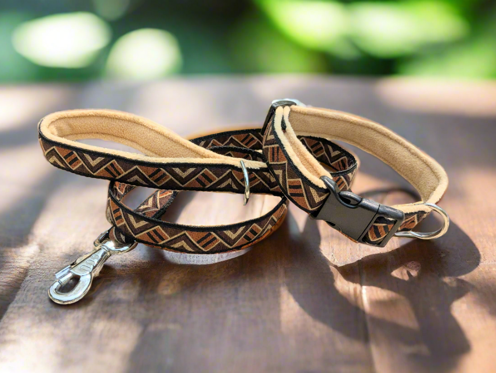 25mm Brown Tribal Triangles Pattern Collar & Lead Set