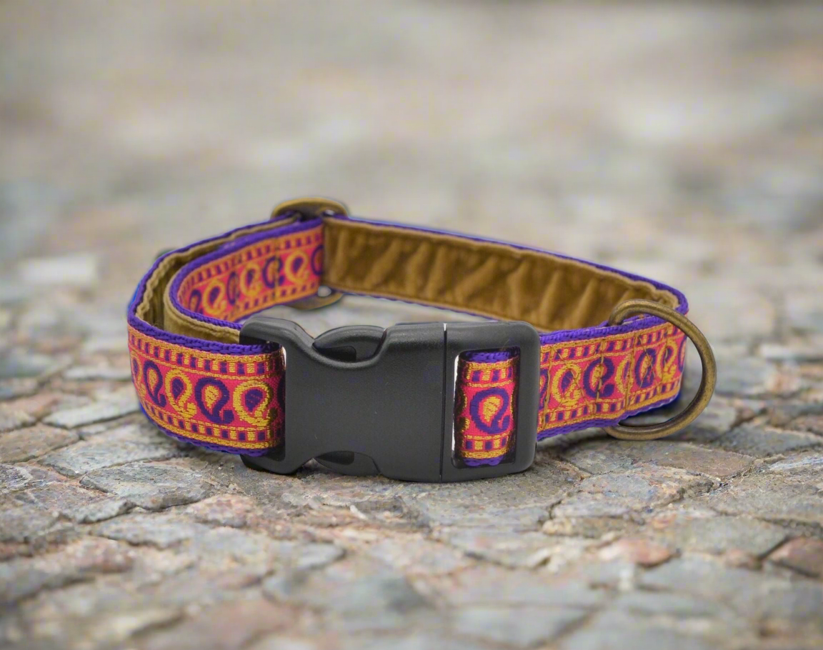 Purple/Pink & Gold Indian Paisley Pattern Collar (Antique Brass)