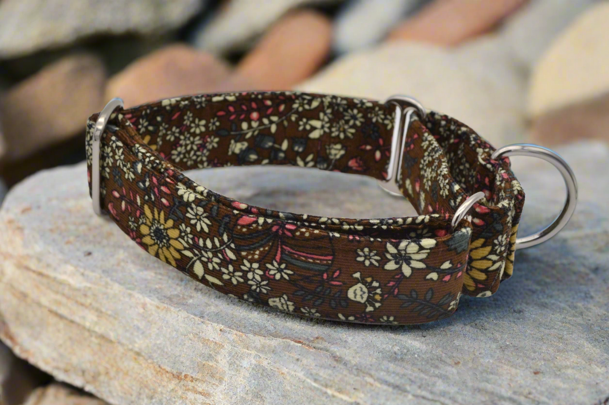 Brown Floral 38mm Corduroy Fabric Martingale Collar