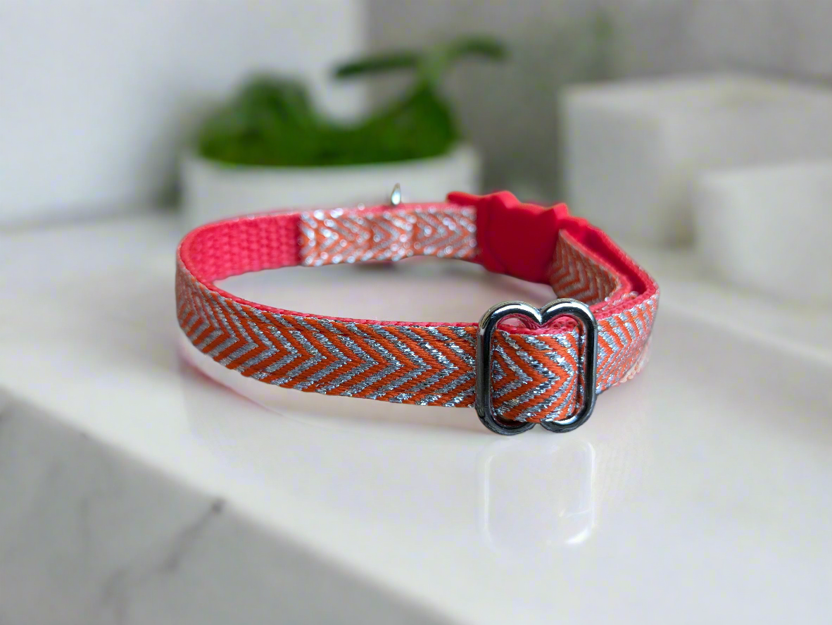 Orange/Silver Chevrons Pattern Cat Collar (Safety Buckle)