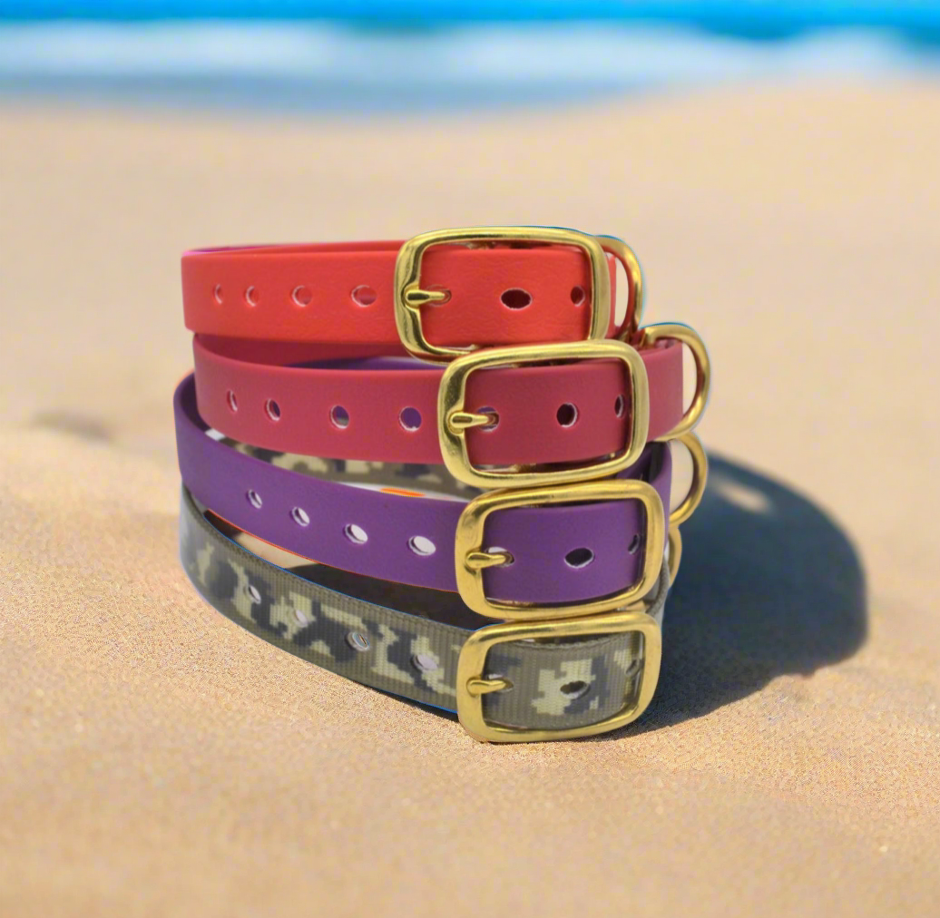 Purple Waterproof Coated Webbing Collar 20mm Brass, Silver or Black