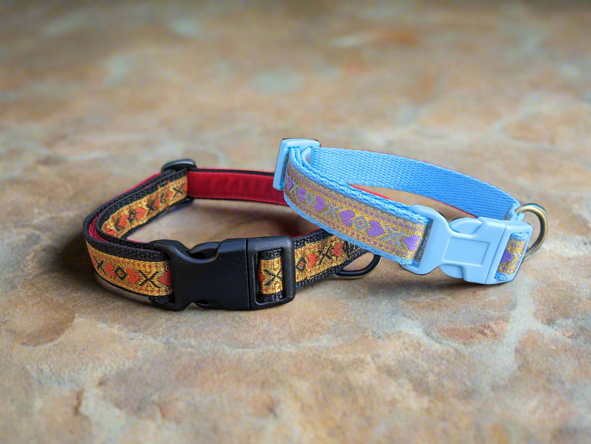 Black/Red or Blue Gold Hearts Pattern Collar 20mm Valentine's