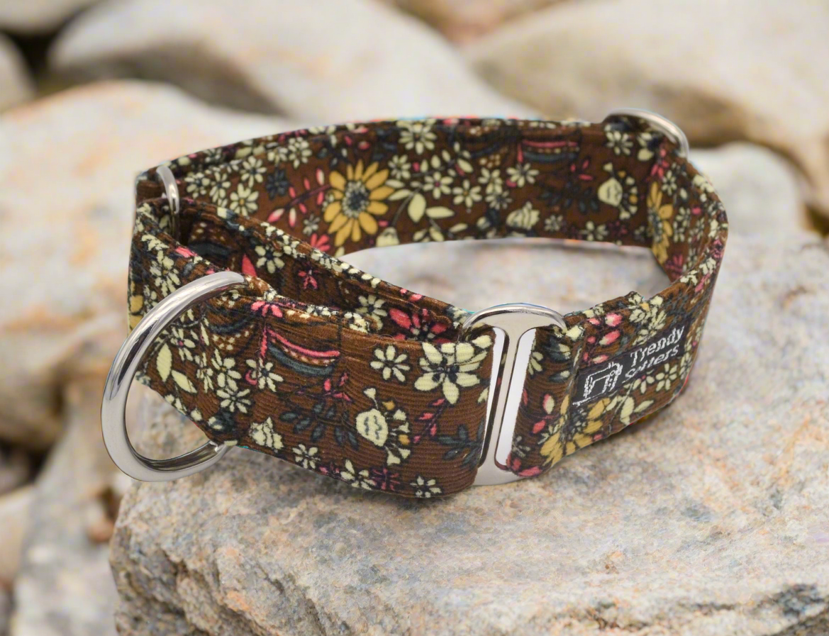 Brown Floral 38mm Corduroy Fabric Martingale Collar