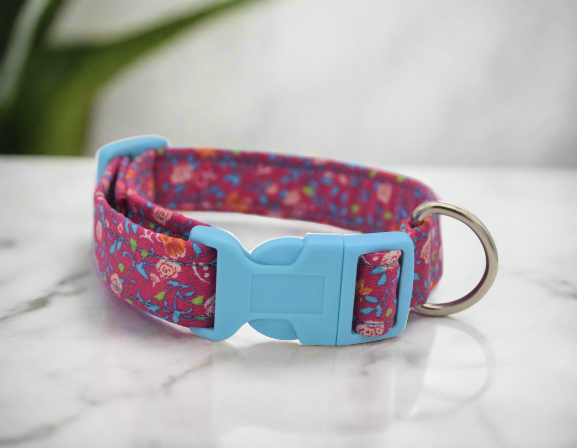 9-13" Pink/Blue Rose Flowers Fabric Collar