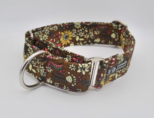 Brown Floral 38mm Corduroy Fabric Martingale Collar