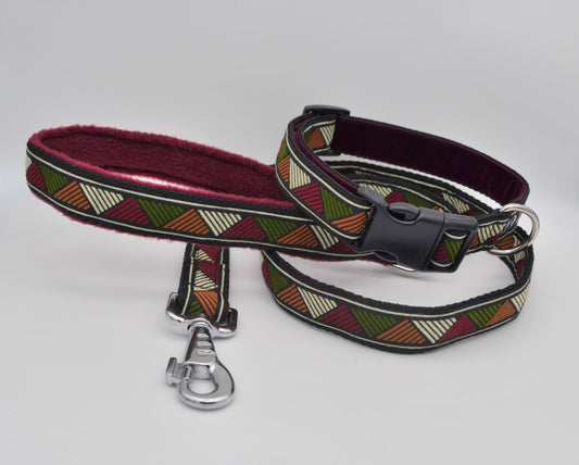 25mm Retro Abstract Triangles Pattern Collar & Lead Set (Wine)