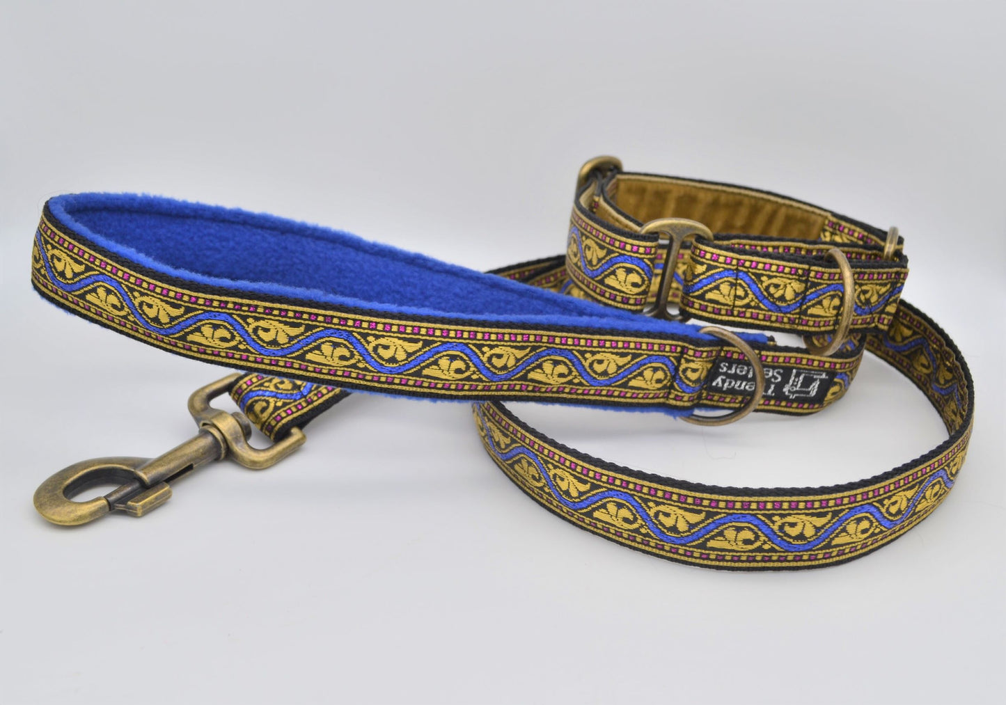 25mm Blue/Gold Indian Pattern Martingale Collar & Lead Set (Antique Brass)