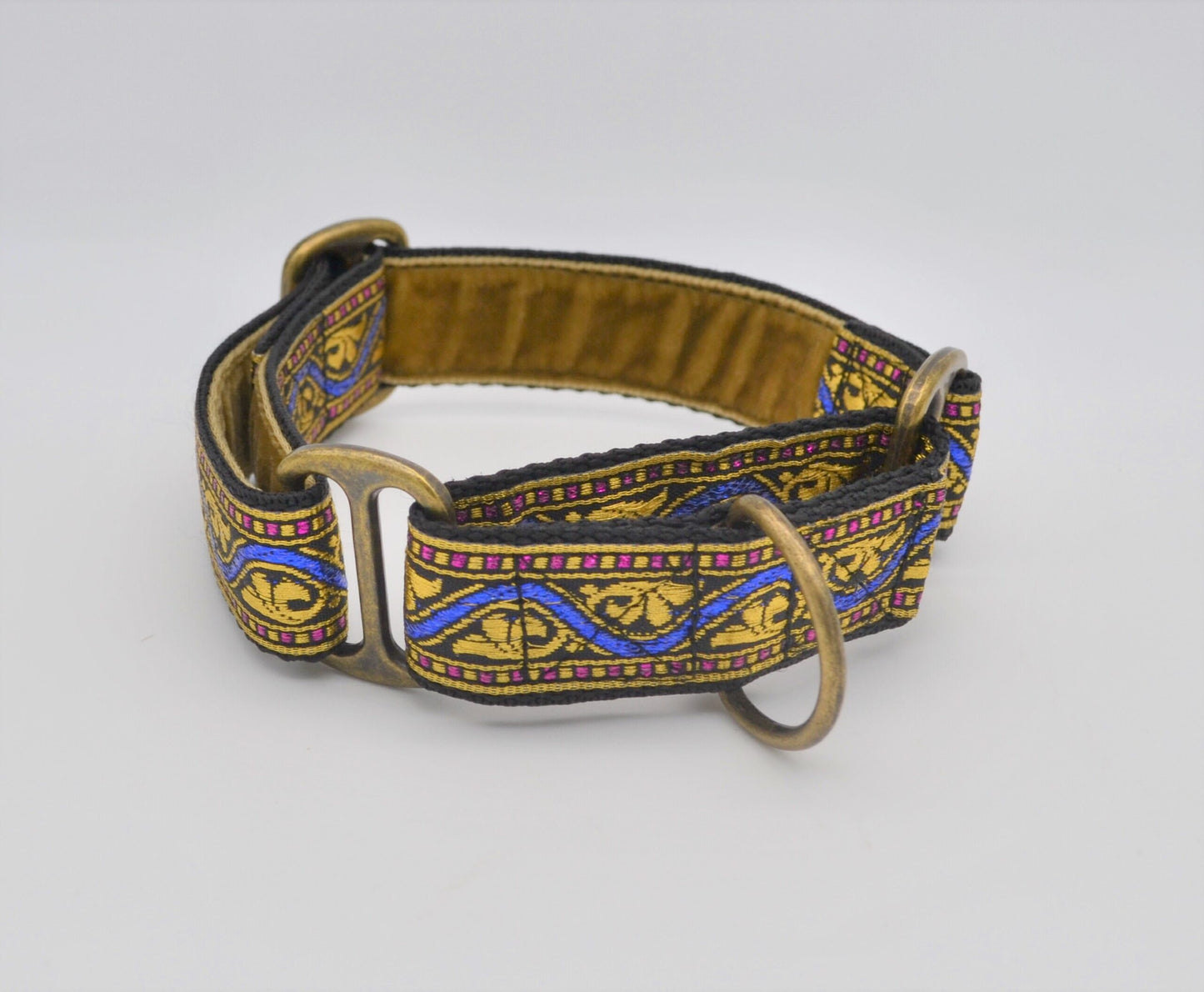 25mm Blue/Gold Indian Pattern Martingale Collar & Lead Set (Antique Brass)