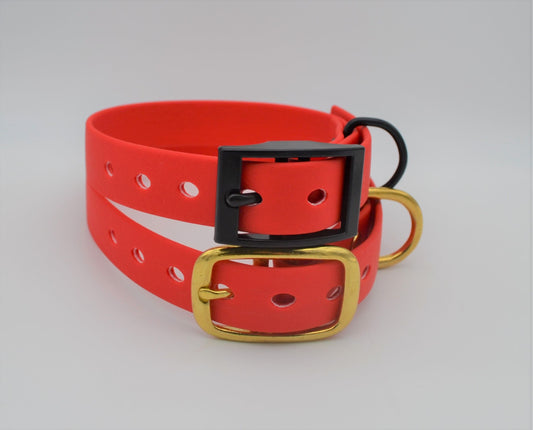 Red Waterproof Coated Webbing Collar 20mm Black, Silver or Brass