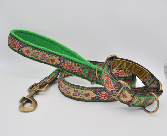 25mm Green/Gold Oriental Pattern Martingale Collar & Lead Set (Antique Brass)