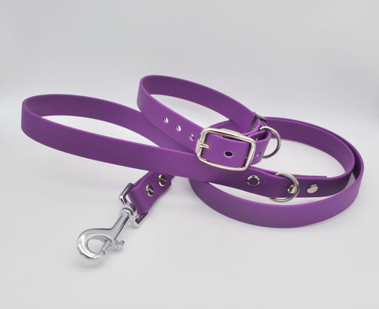 Purple Waterproof Coated Webbing Collar 20mm Collar & Lead Set Silver or Black