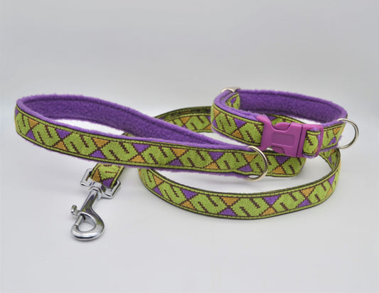 20mm Vintage Geometric Green/Purple Pattern Collar & Lead Set