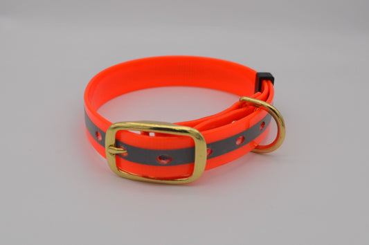 Reflective Orange Waterproof Coated Webbing Collar 20mm Black, Brass or Silver