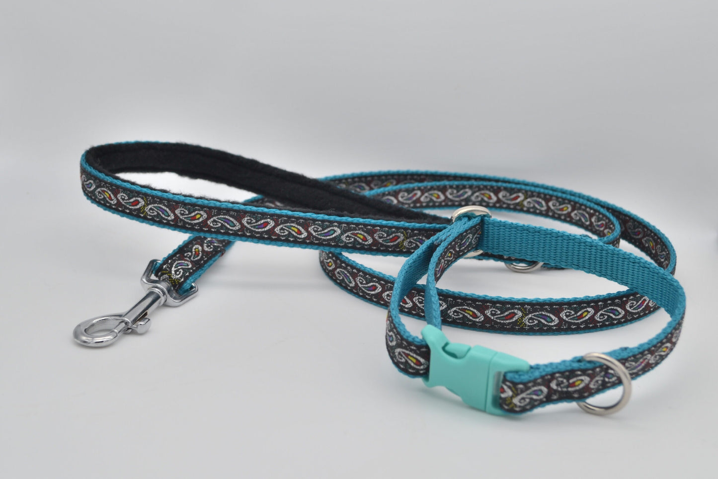 Turquoise/Black Paisley Pattern Collar & Lead Set Puppy 16mm