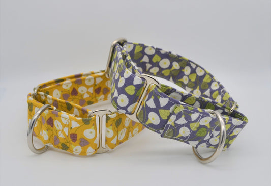 Mustard Yellow or Slate Grey Hedgerow Pattern 38mm Fabric Martingale Collar