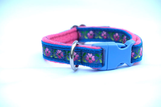 8-12" Blue/Pink flower Pattern Collar (fleece lining)