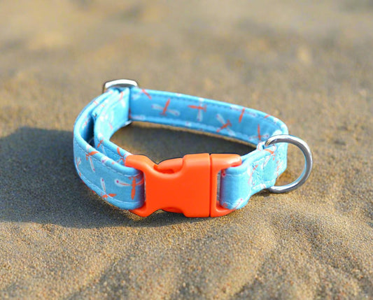 Orange Dragonflies on Blue Fabric Collar 16mm