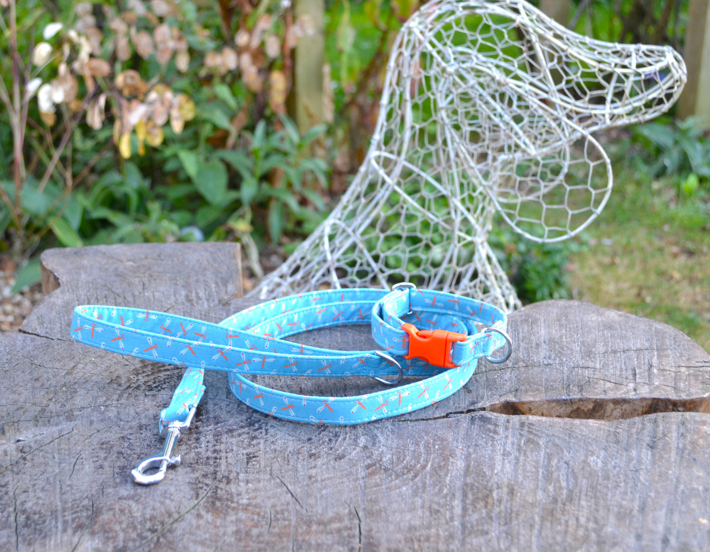 Orange Dragonflies on Blue Fabric Collar 16mm