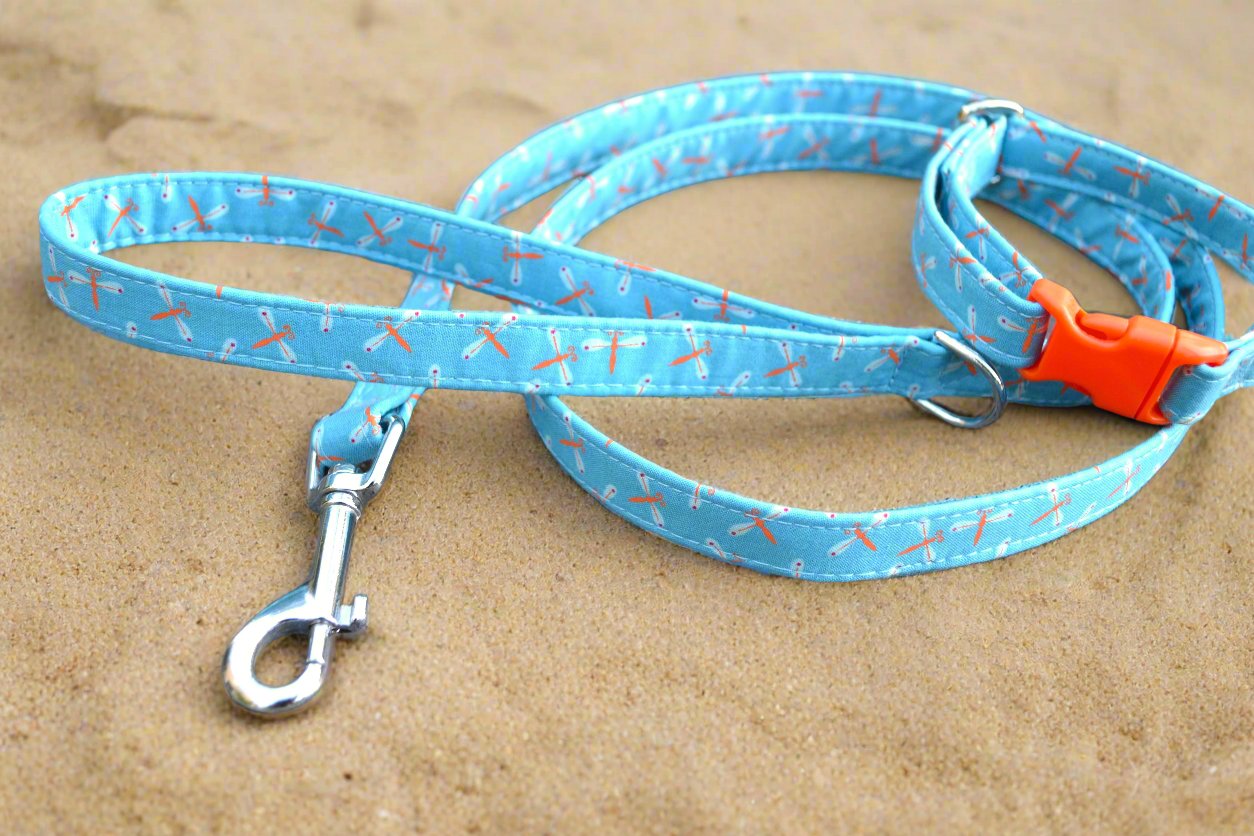 Orange Dragonflies on Blue Collar & Lead Set