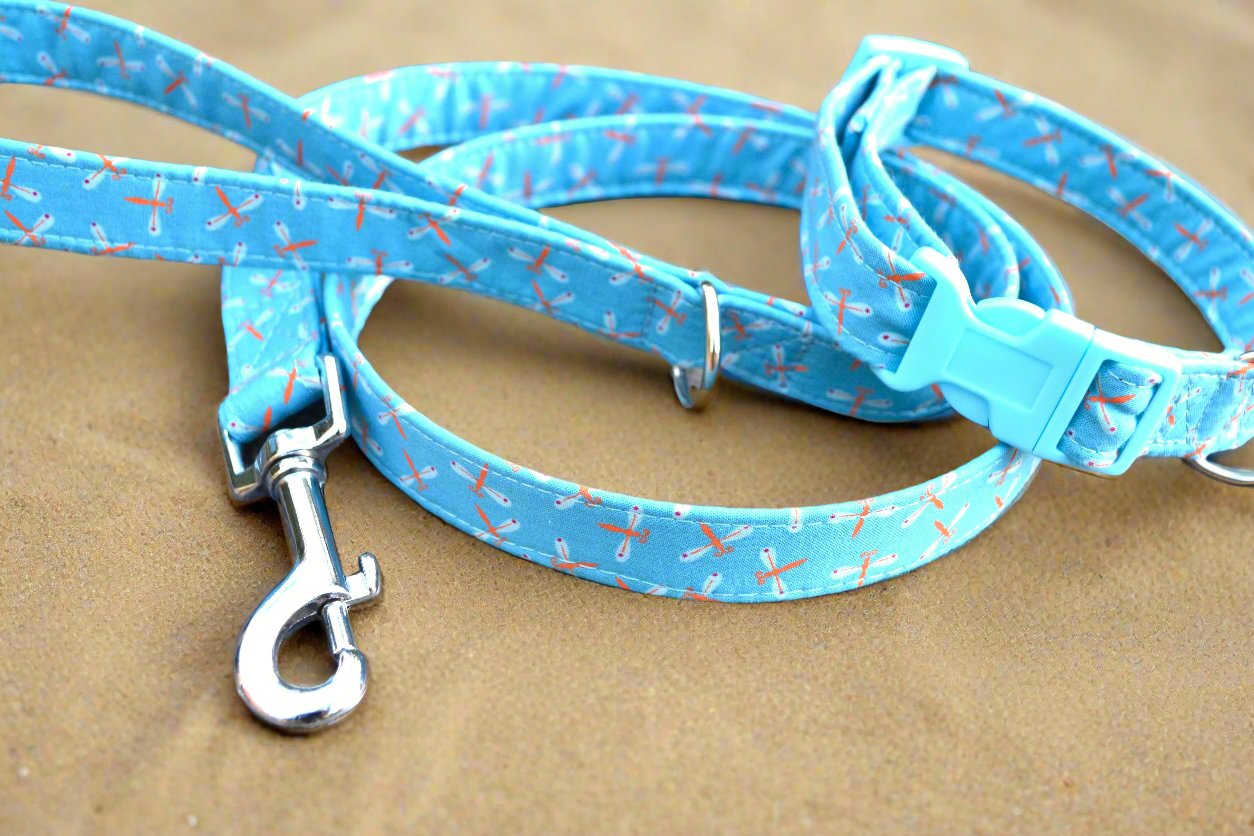 Orange Dragonflies on Blue Fabric Collar 20mm