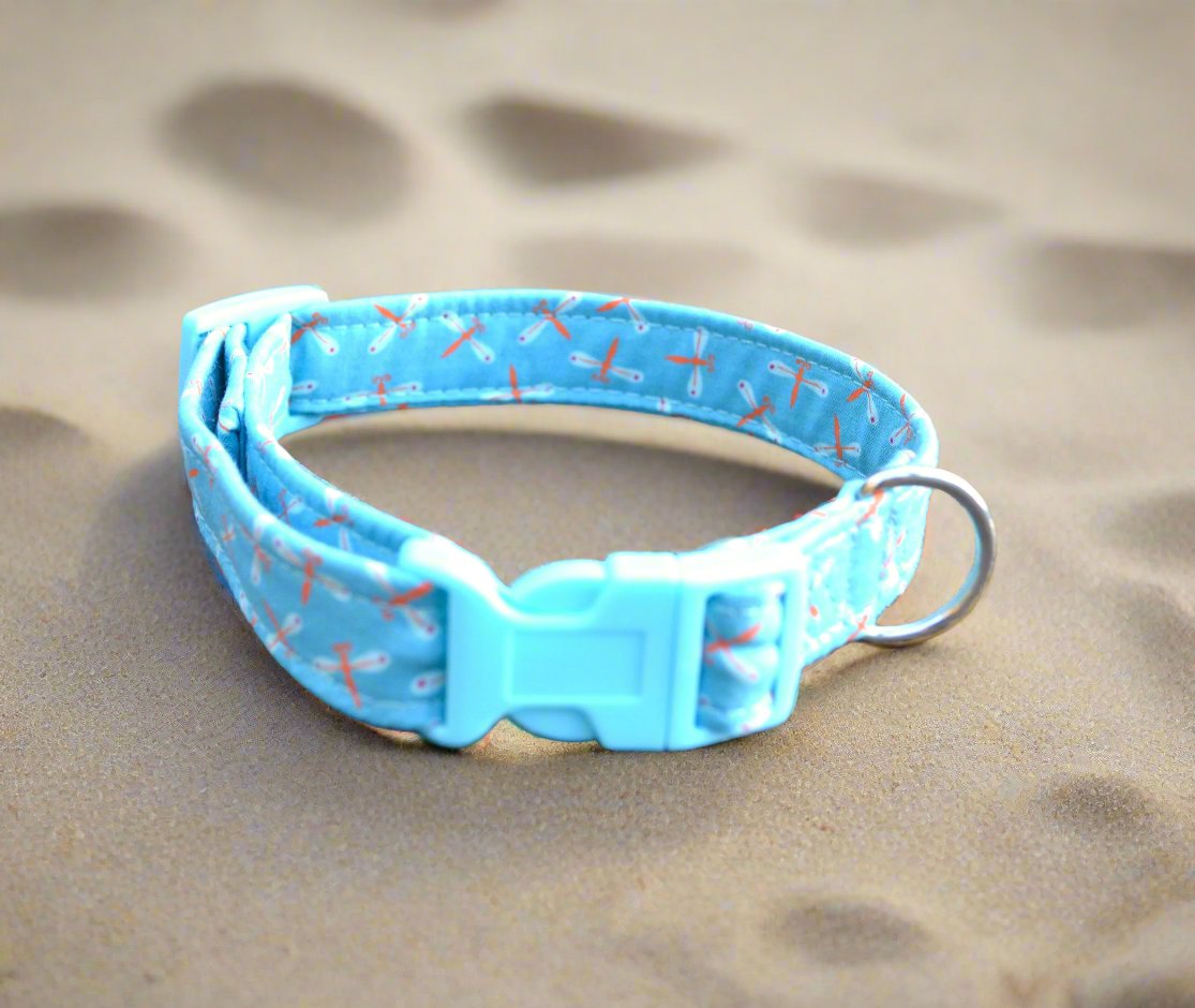 Orange Dragonflies on Blue Fabric Collar 20mm