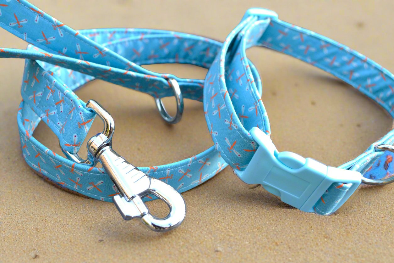 Orange Dragonflies on Blue Fabric Collar 25mm