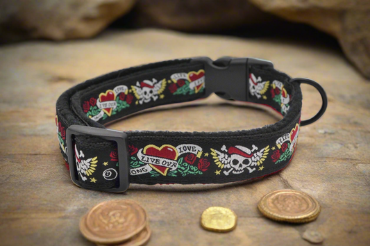 Black Biker Skull/Crossbones Love Life Pattern Collar 25mm