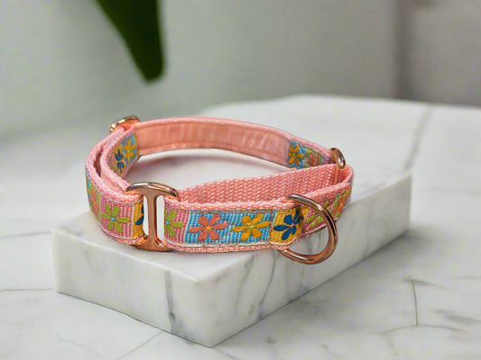 11-15" Pink Multi Flowers 20mm Martingale Collar (Rose Gold)