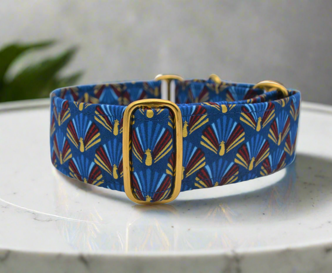 Blue Peacock Fans Pattern 38mm Fabric Martingale Collar (Brass)