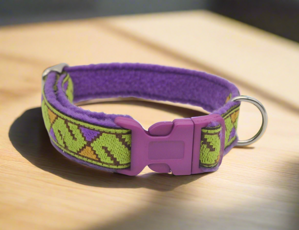 20mm Vintage Geometric Green/Purple Pattern Collar & Lead Set