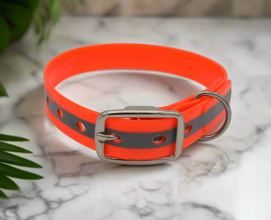 Reflective Orange Waterproof Coated Webbing Collar 20mm Black, Brass or Silver