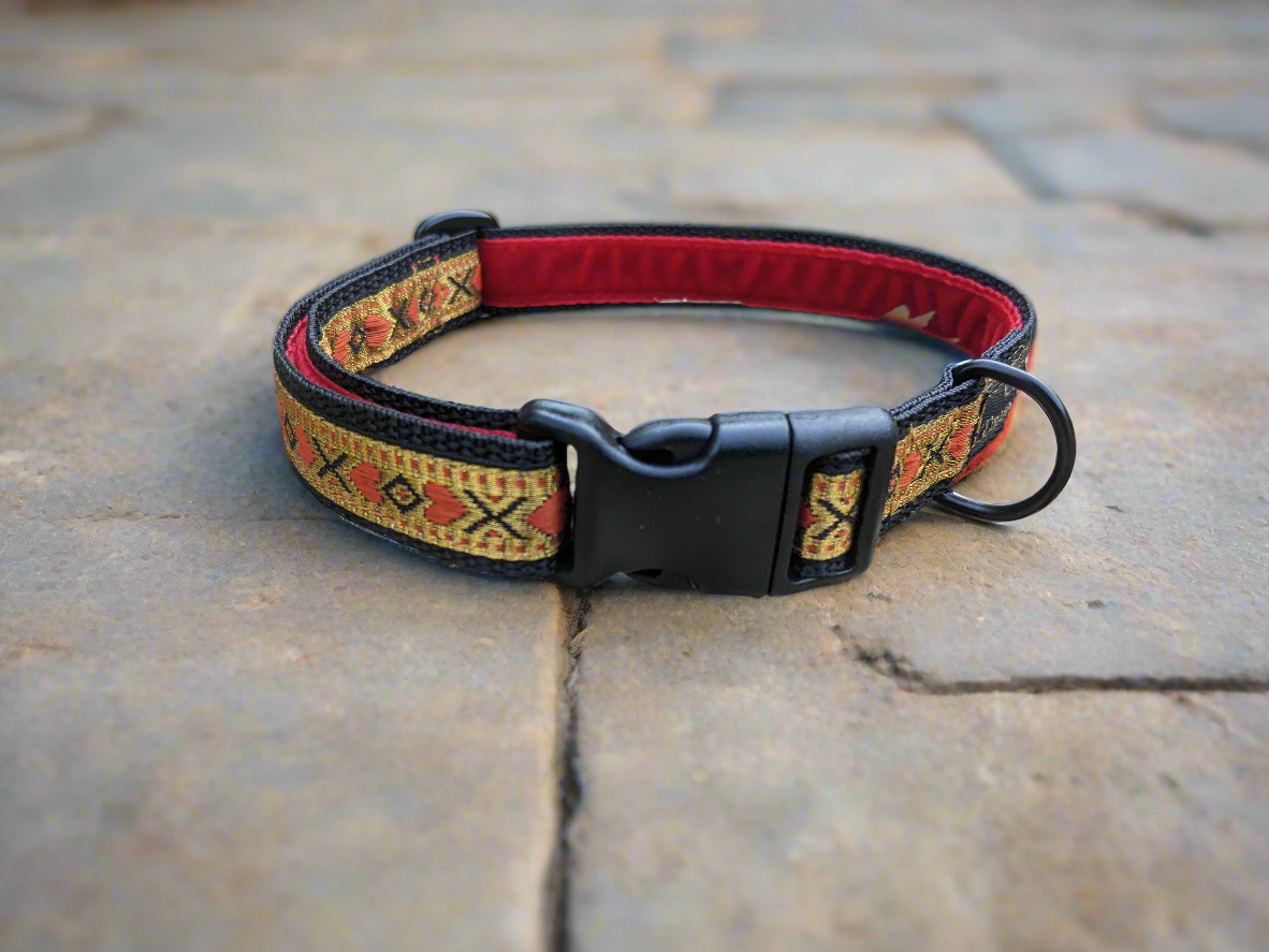 Black/Red or Blue Gold Hearts Pattern Collar 20mm