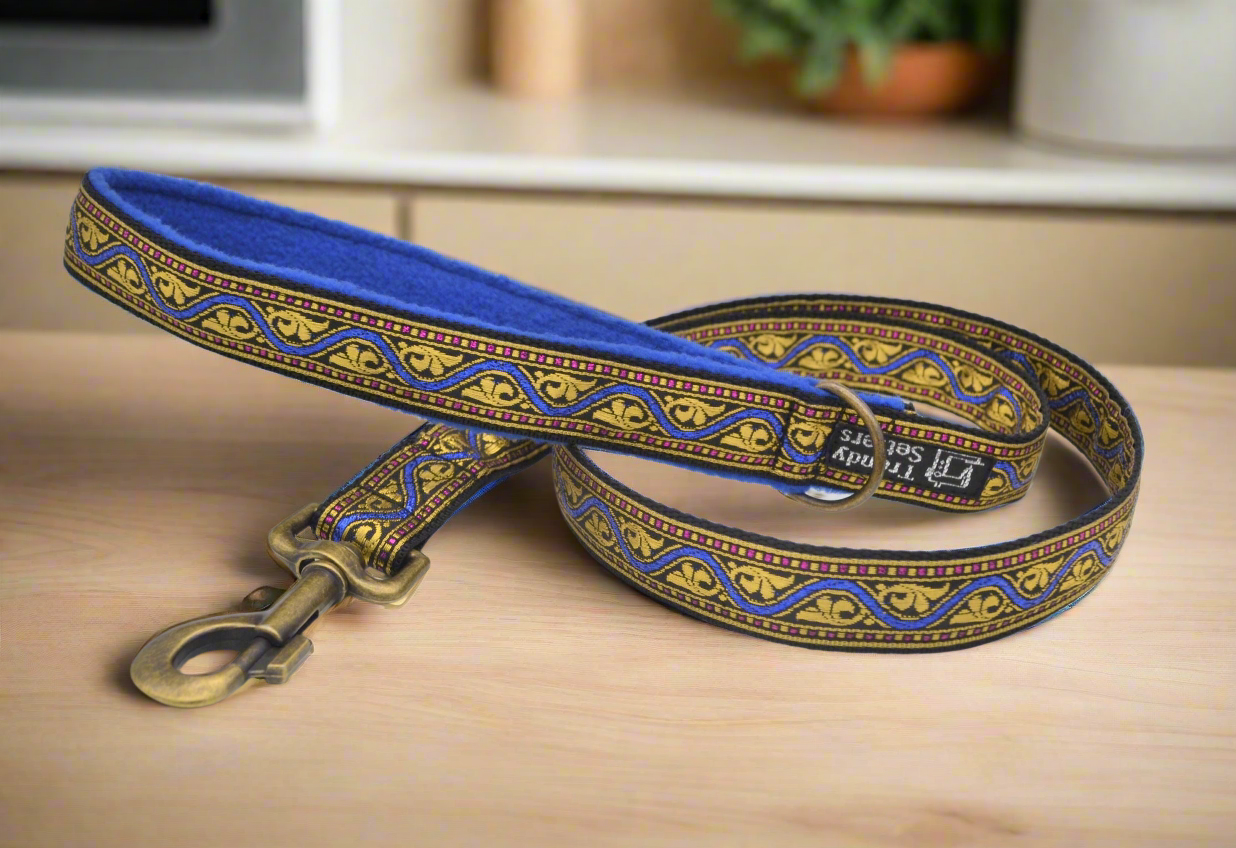 25mm Blue/Gold Indian Pattern Martingale Collar & Lead Set (Antique Brass)