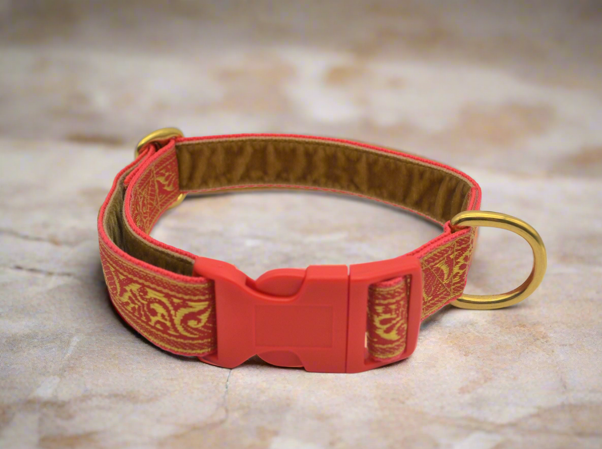 25mm Red/Gold Brocade Pattern Collar & Lead Set (Brass)