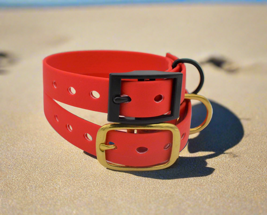 Red Waterproof Coated Webbing Collar 20mm Black, Silver or Brass