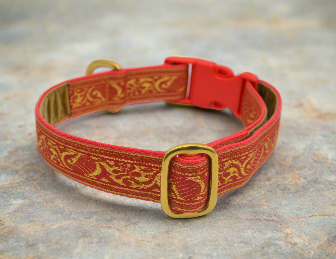 25mm Red/Gold Brocade Pattern Collar & Lead Set (Brass)