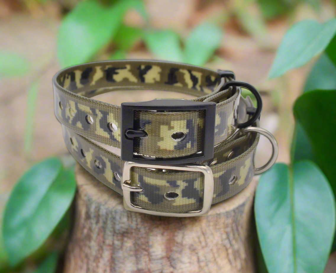 Camouflage Waterproof Coated Webbing Collar 20mm Black, Silver or Brass