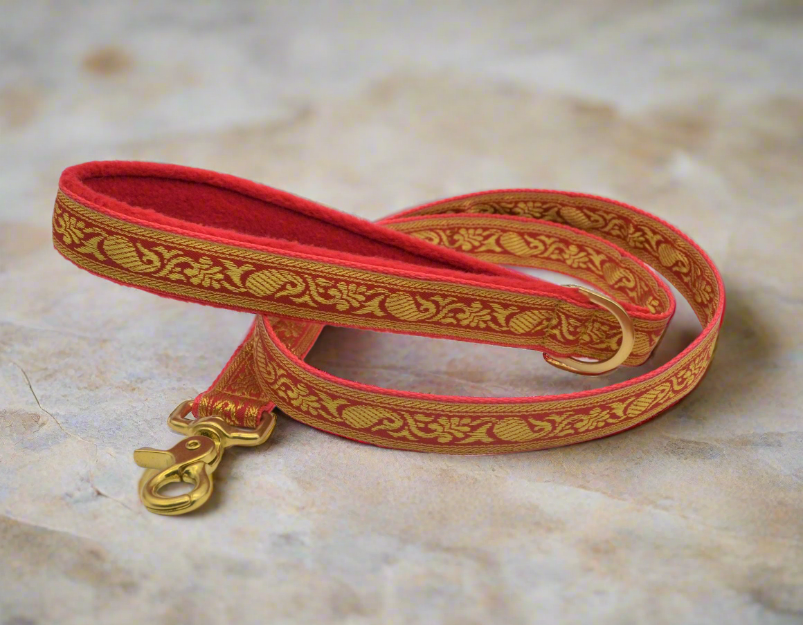 25mm Red/Gold Brocade Pattern Collar & Lead Set (Brass)