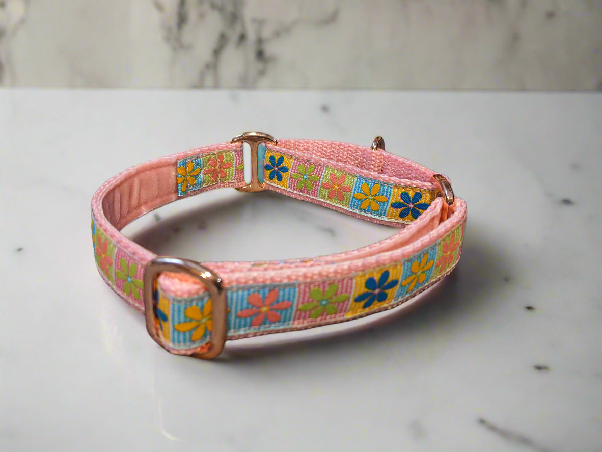 11-15" Pink Multi Flowers 20mm Martingale Collar (Rose Gold)