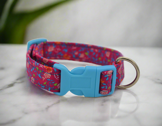 9-13" Pink/Blue Rose Flowers Fabric Collar