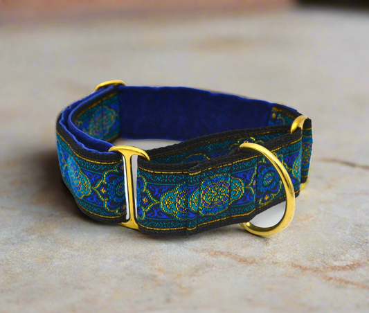 Blue/Gold Ethnic Pattern 38mm Martingale Collar (Brass)