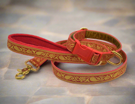 25mm Red/Gold Brocade Pattern Collar & Lead Set (Brass)