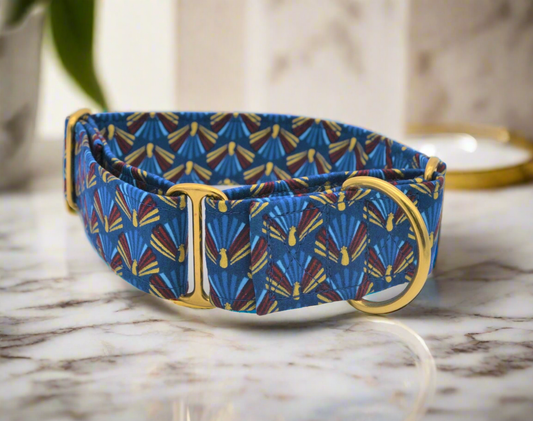 Blue Peacock Fans Pattern 38mm Fabric Martingale Collar (Brass)