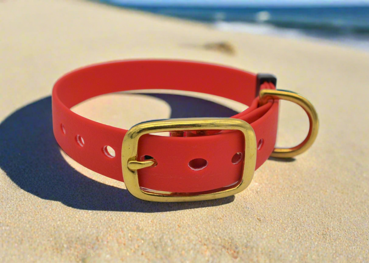 Red Waterproof Coated Webbing Collar 20mm Black, Silver or Brass