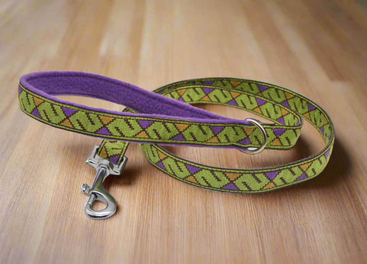 20mm Vintage Geometric Green/Purple Pattern Collar & Lead Set