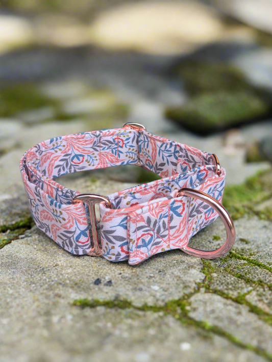 Pink Botanical Pattern 38mm Fabric Martingale Collar (Rose Gold)