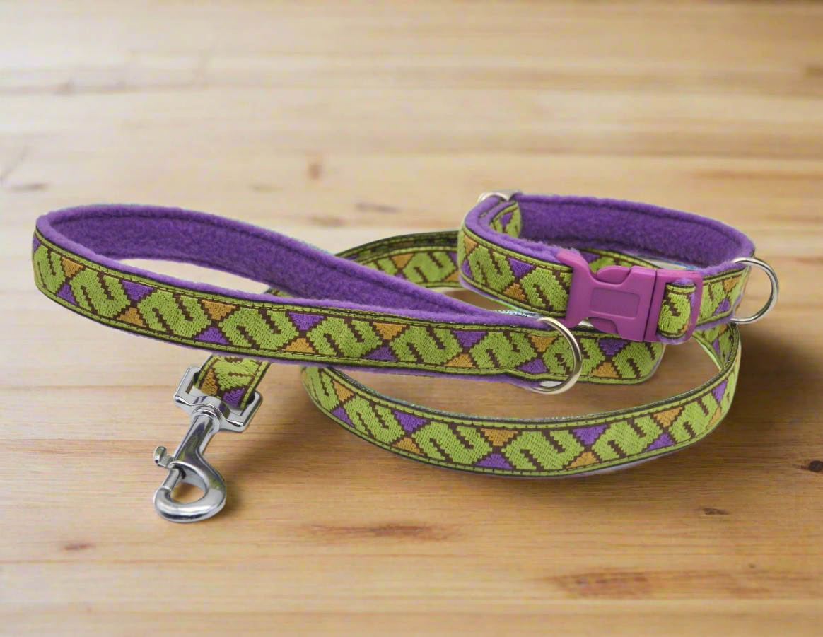 20mm Vintage Geometric Green/Purple Pattern Collar & Lead Set