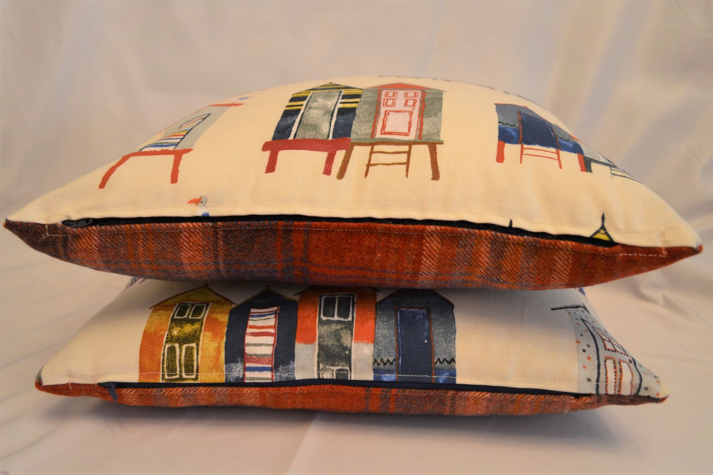 Beach Huts & Tartan Reversible Cushion Cover 40x40