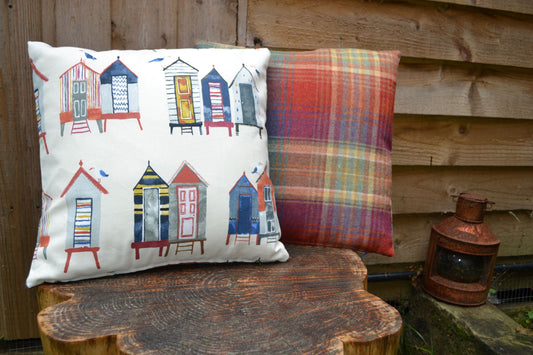 Beach Huts & Tartan Reversible Cushion Cover 40x40