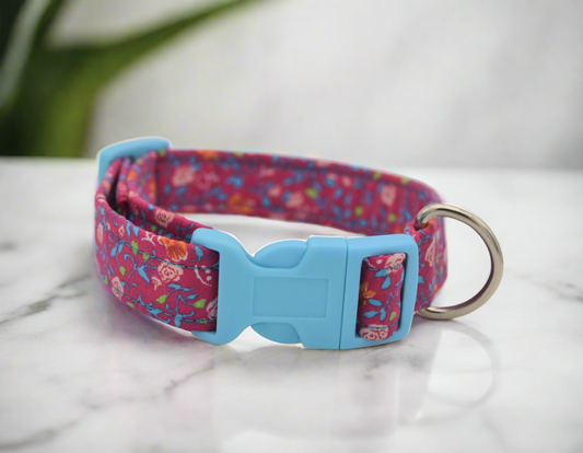 9-13" Pink/Blue Rose Flowers Fabric Collar